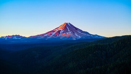 Fototapeta premium Majestic mountain peak illuminated by golden sunrise above forested hills under a clear blue sky