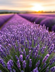 Obraz premium Blooming lavender field at sunset with vibrant colors