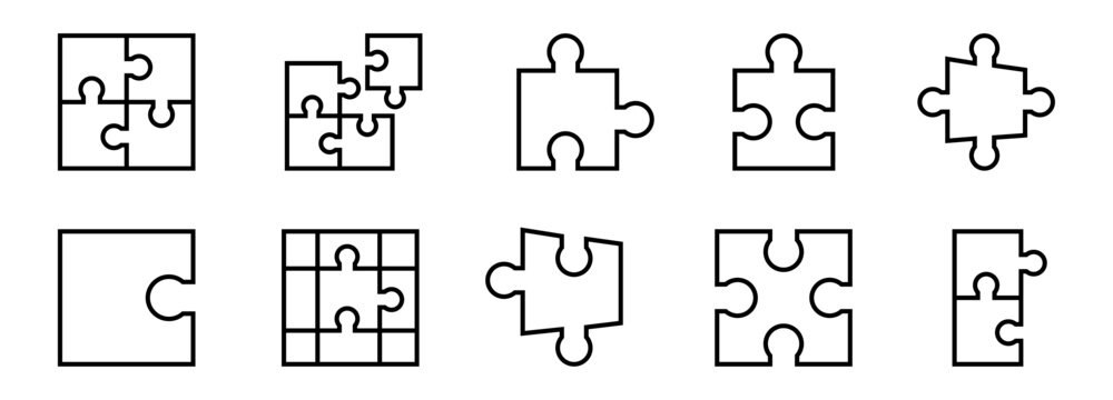 Conjunto de iconos de piezas de rompecabezas. Soluci&oacute;n estrat&eacute;gica, entretenimiento, conexi&oacute;n entre elementos. Ilustraci&oacute;n vectorial