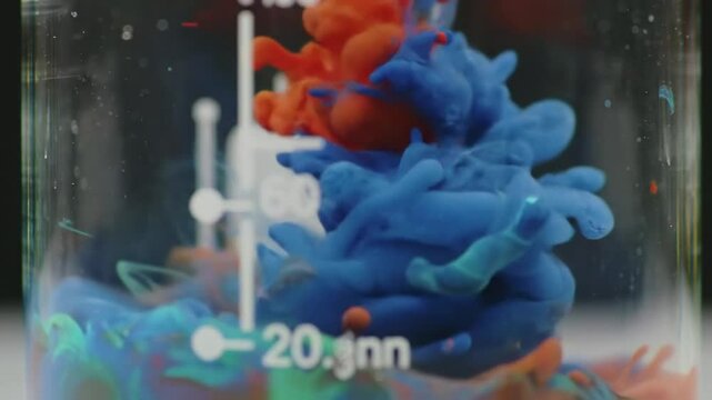 Colorful chemical reaction in slow-motion in a glass beaker 