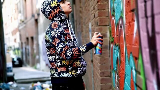 Street Art Scene: Hoodie Wearer, Graffiti Wall, Vehicle & Buildings [No Watermark]. A man in a hoodie spraying graffiti on a wall.