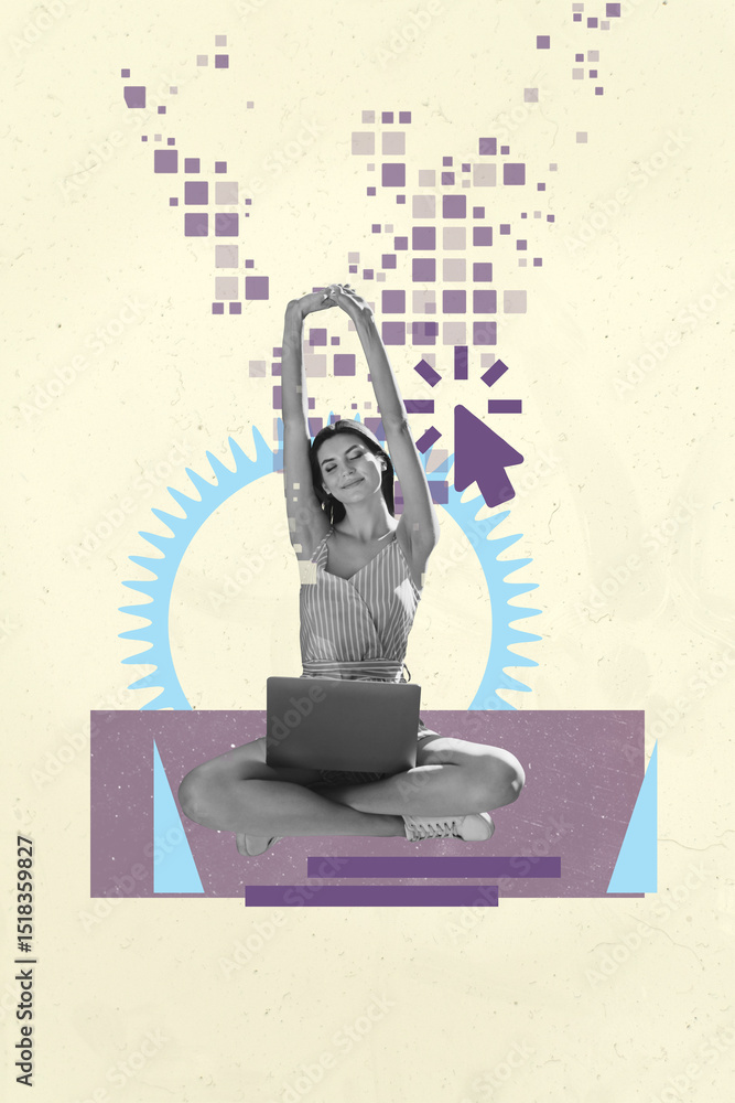 Poster pop trend collage of person sit front use computer cog gear with cursor pixels on pastel background