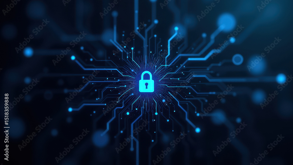 Poster cybersecurity lock on circuit board with digital technology background.