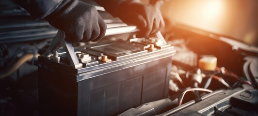 The technician replacing a car battery in a modern vehicle engine.