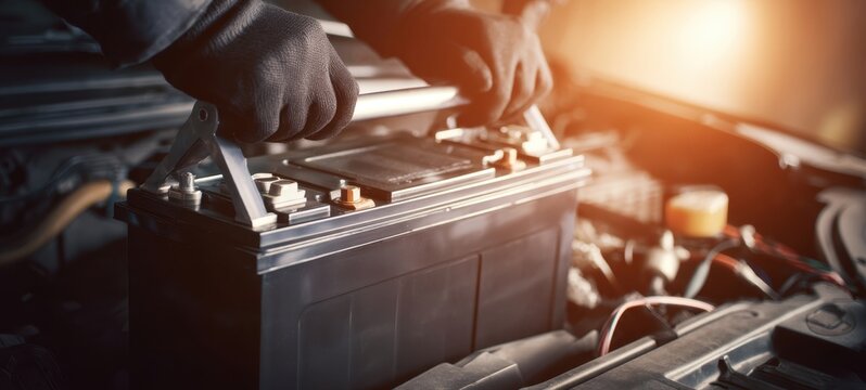 The technician replacing a car battery in a modern vehicle engine.