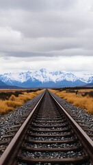 Fototapeta premium Train Tracks Leading to Majestic Snow-Capped Mountains A Journey Awaits