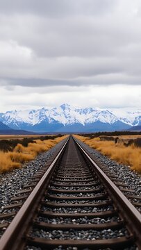 Train Tracks Leading to Majestic Snow-Capped Mountains A Journey Awaits