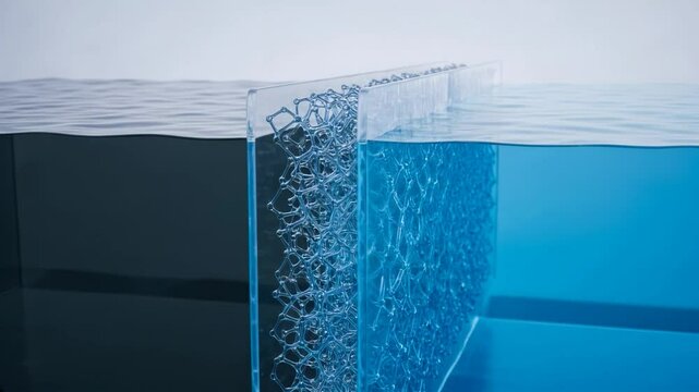 Water filtration process showing impurities removed by a membrane to produce clean blue water