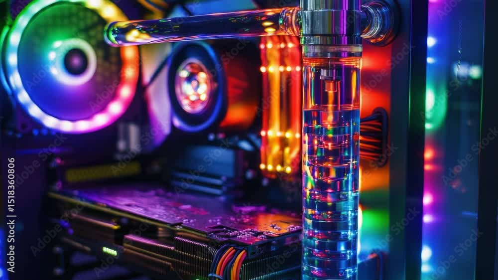 Aufkleber Close-up of a computer case with vibrant LED lights, often used in tech-related illustrations and presentations