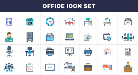  Office icon set. Workplace, desk, coworking, employee, computer.
