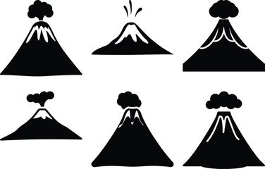 Volcano eruption icon collection, black silhouette of volcanic mountains with smoke clouds