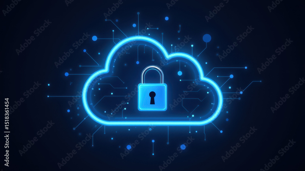 Poster cybersecurity cloud lock symbol with digital graphics representing data protection.