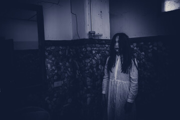 Portrait of asian woman make up ghost face with blood,Horror scene,Scary background,Halloween...