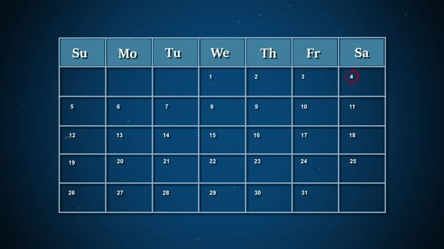 The calendar 4th day of the month is red circled ,Calendar interface with highlighted dates and event icons, looped animation.