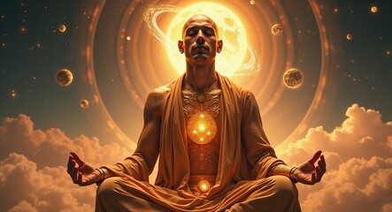 Serene Meditative Figure in Golden Robe Surrounded by Cosmic Orbs and Warm Ethereal Light