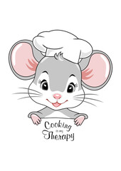 Cute peeking baby mouse in cook hat. Cooking is my therapy