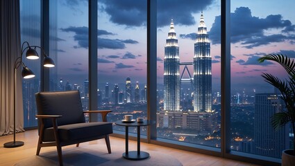 Fototapeta premium Modern apartment interior with illuminated petronas towers and city skyline at dusk