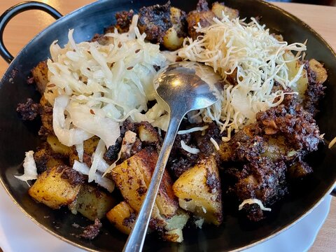 Blunzengr&ouml;stl - traditional Austrian dish made of potatoes and blood pudding.