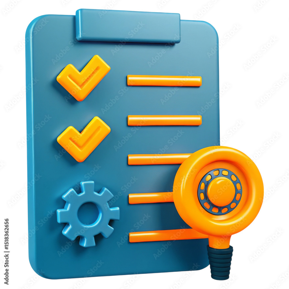 Aufkleber seo keywords ans conversion concept. 3d checklist with gears and checkmarks for task management.