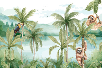 Cute Animal Wall Mural: Sloths in Vibrant Tropical Forest by a Calm Lake © csinie1