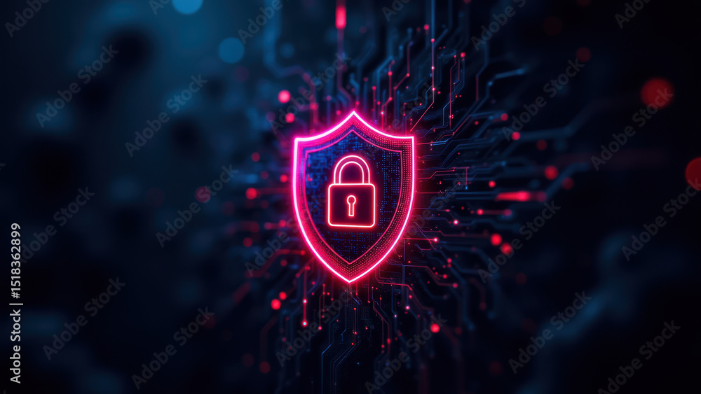 Poster a digital lock icon with a red glow effect set against a cybernetic background, symbolizing internet