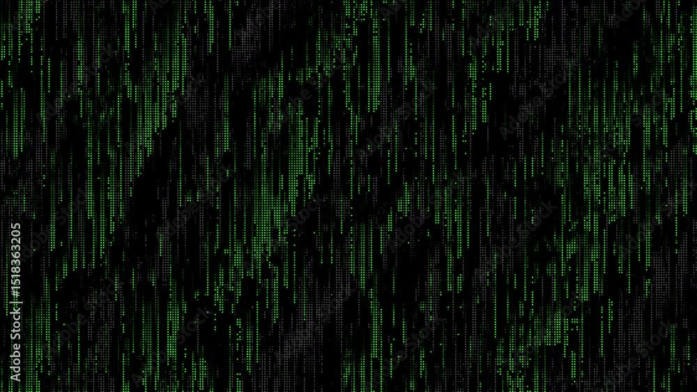 Poster Green matrix abstract dots raining binary code without symbols and characters. Black background. Abstract halftone loop animation