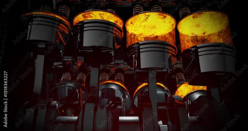 Poster 3D Rendered Animation of Hood Opening to Powerful V8 Engine Motion. Industry And Technology Related 3D Animation.