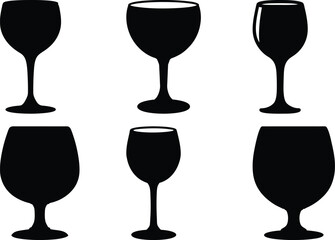 A collection of stylized black silhouette wine glasses on a white background