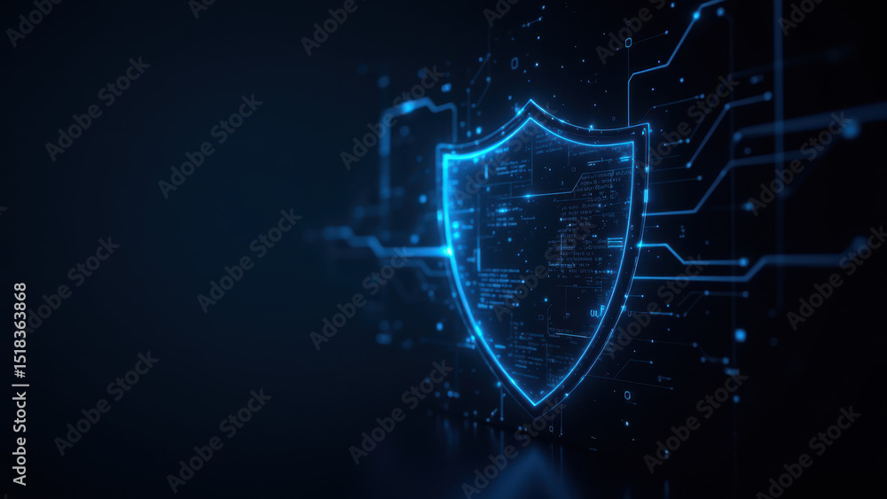 Poster cybersecurity shield with digital circuits.