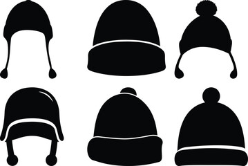 Silhouette of six different winter hats with earflaps and pom poms