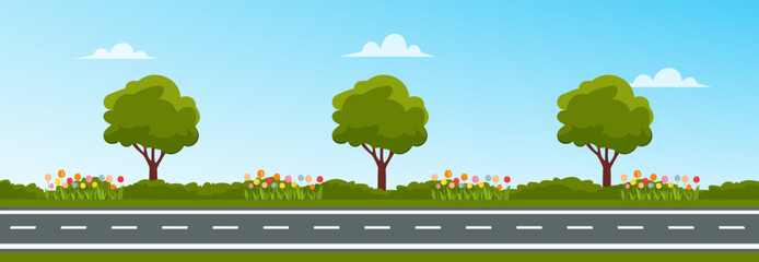 Straight empty road through the countryside. Cartoon landscape view with  asphalt road background. Vector stock © Jessica