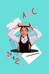 Trendy vertical art zine photo collage of happy geek schoolgirl hold book stack math literature...
