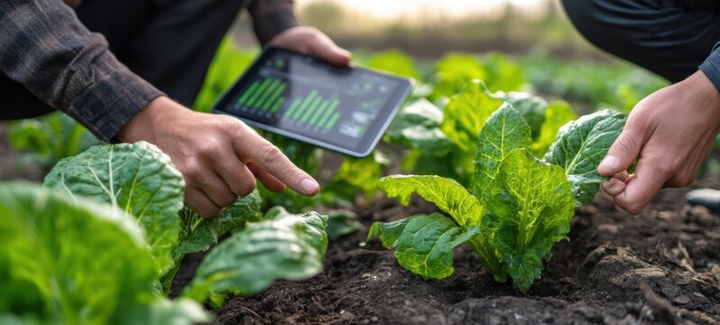 The advanced agricultural monitoring with tablet technology in lush green fields. - Powered by Adobe