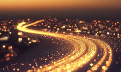 Golden city highway lights trail at night