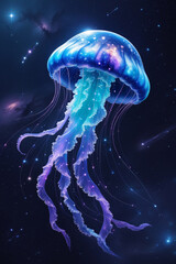 Electric jellyfish deep blue background with pinprick floating  lights