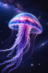 Large purple pink jellyfish in space, close up with stars and constellations behind