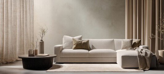 The modern minimalist sofa in a stylish, cozy living room setting.