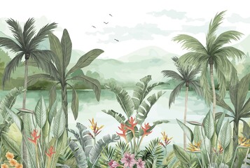 Botanical Wall Mural: Verdant Palms, Exotic Flowers & Serene Lake Scene © csinie1