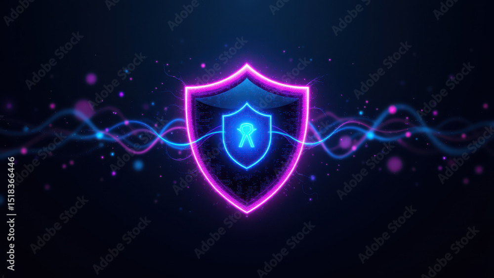 Poster cybersecurity shield graphic with digital glow and sparkle effects on a dark background.