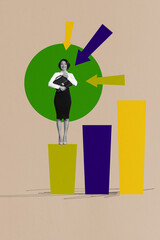 Template collage design trend artwork sketch of young businesswoman stand platform arrow point showing trade target success charts stats