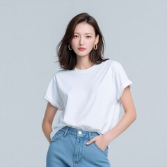 女性が着た白Tシャツのモックイメージ