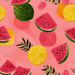 Colorful seamless pattern featuring watermelon and lemon slices with vibrant leaves on a pink background, perfect for summer-themed designs and playful aesthetics