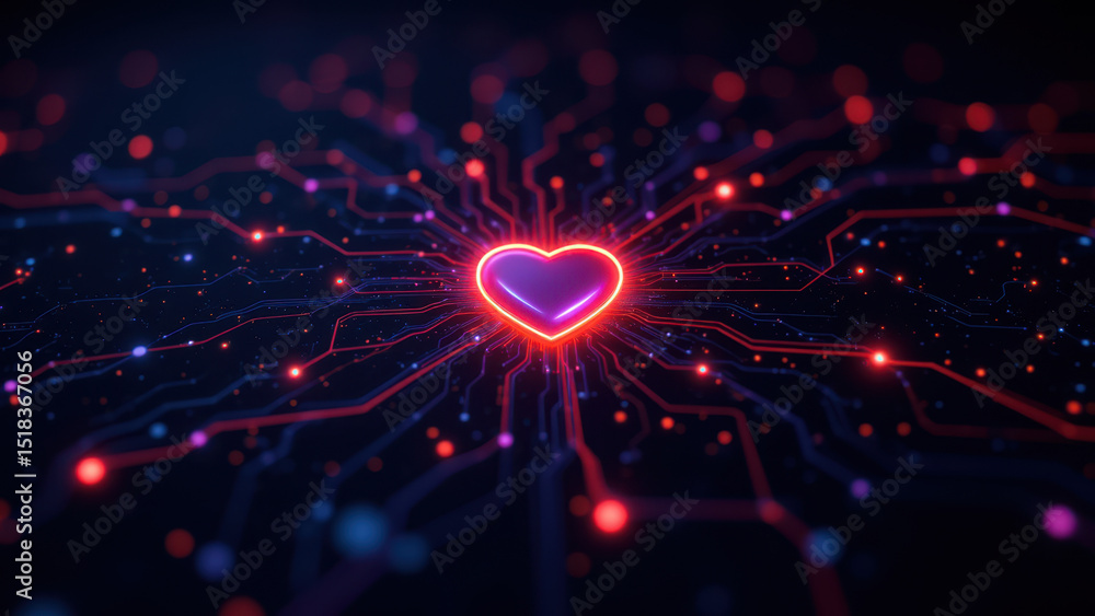 Aufkleber networking heart with glowing nodes and lines on cybernetic background.