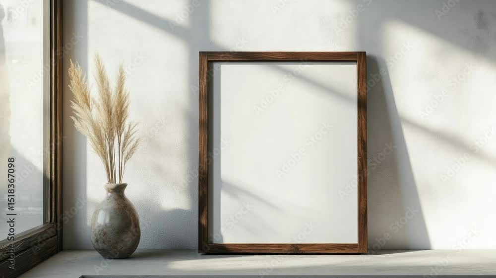 Poster A decorative frame sits on a shelf next to a vase, perfect for adding a touch of elegance to any room