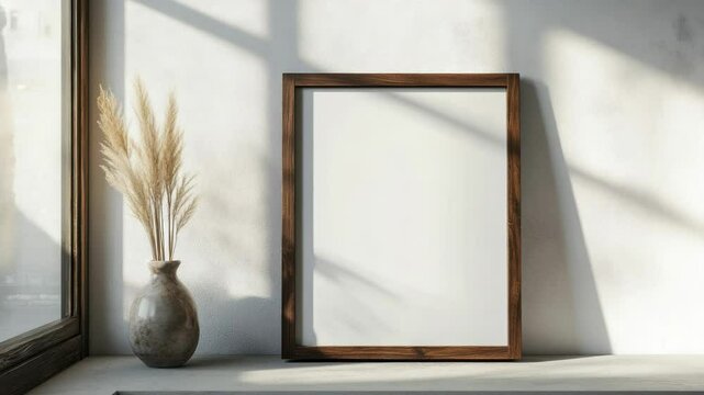 A decorative frame sits on a shelf next to a vase, perfect for adding a touch of elegance to any room