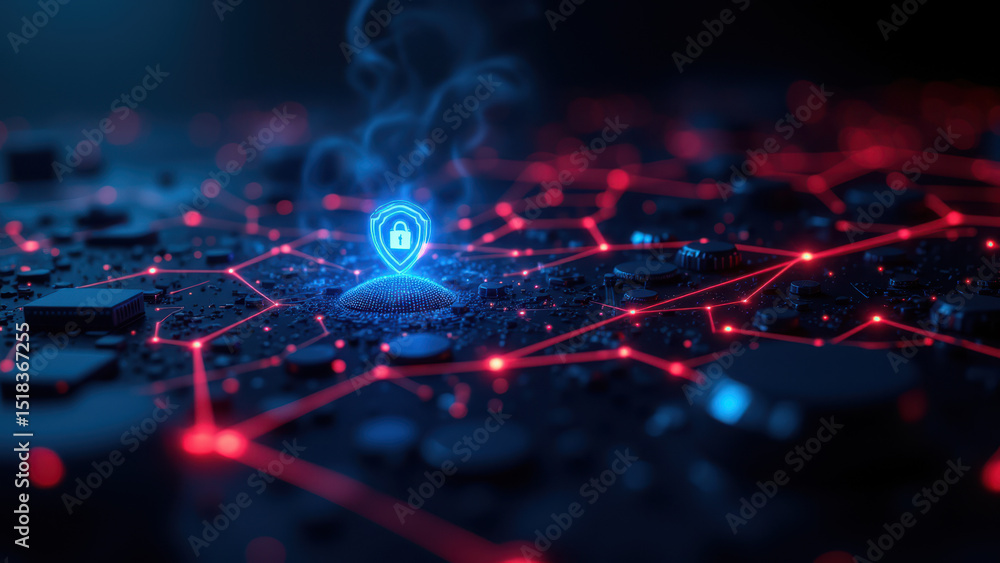 Poster a digital illustration showing a network with a focus on cybersecurity with red and blue neon-like e