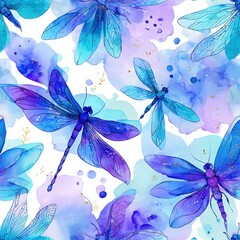 Seamless pattern featuring vibrant blue and purple dragonflies on a watercolor background with soft pastel splashes, ideal for fabric, wallpaper, and creative design projects