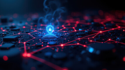 A digital illustration showing a network with a focus on cybersecurity with red and blue neon-like elements surrounding a central green 'secure' icon.