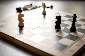 White chess knight piece and other pieces on chessboard during the game