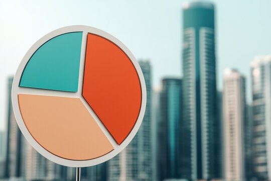 A colorful pie chart is displayed in front of tall modern skyscrapers in an urban cityscape.